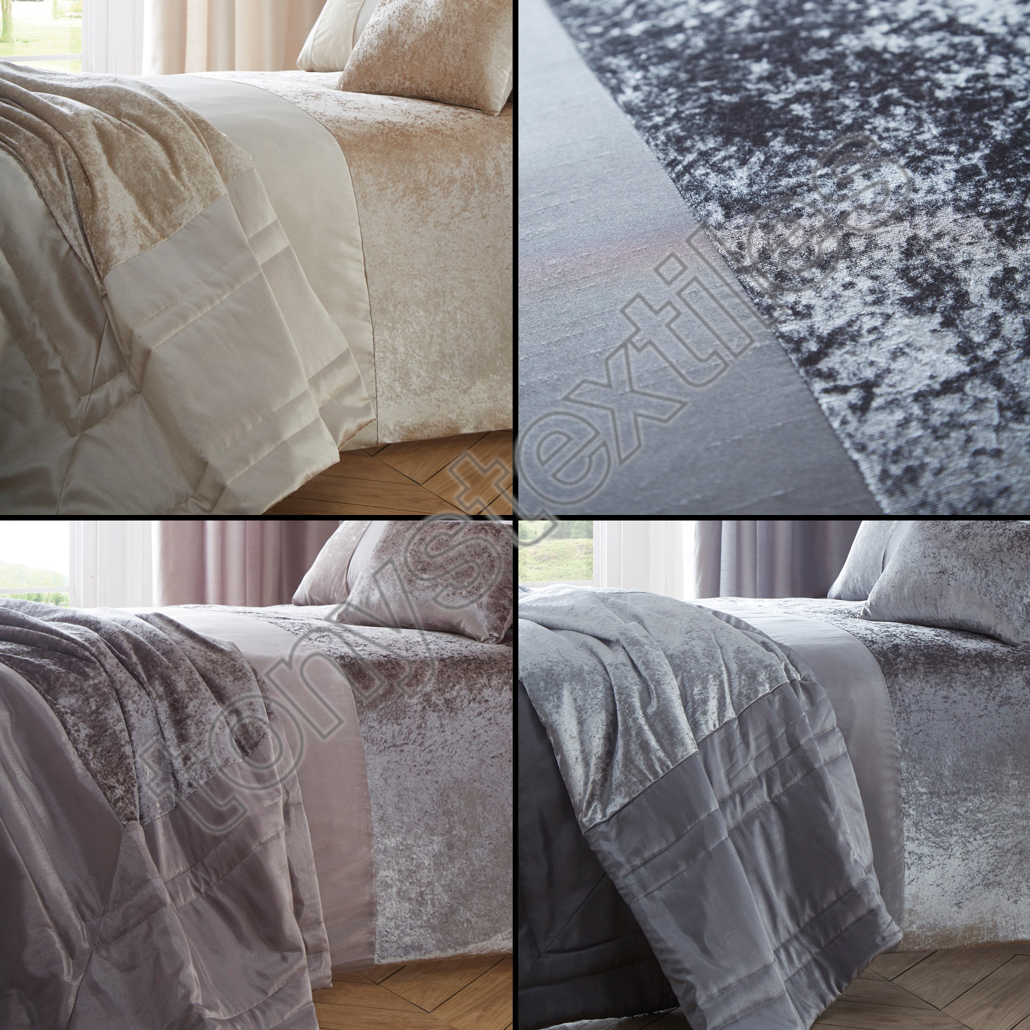 Luxury Crushed Velvet Panel Quilt Duvet Cover Bedding Set Cream