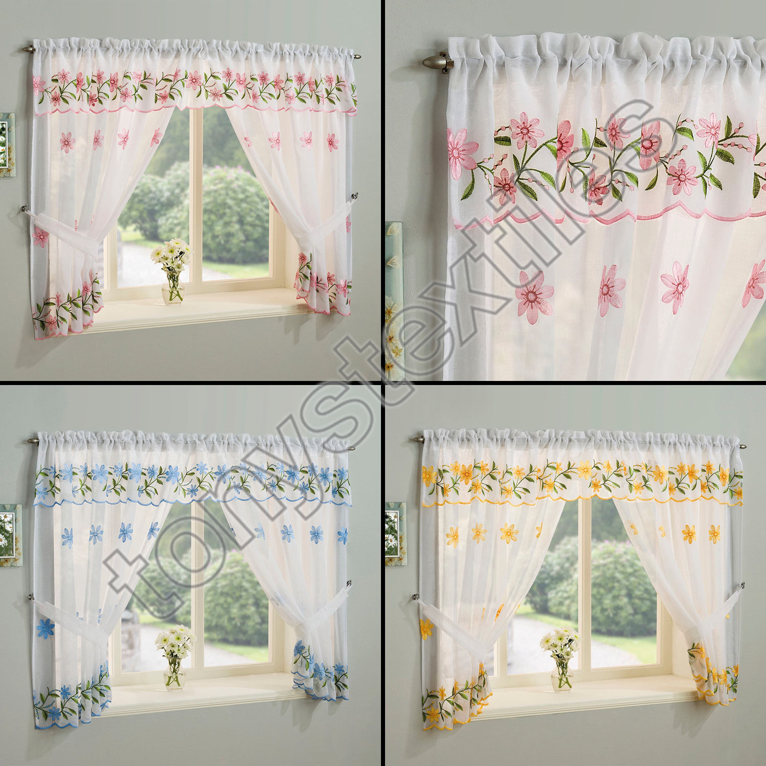 VICTORIAN MACRAME LACE TRIM WHITE CRUSHED VOILE NET CURTAIN TIEBACK WINDOW SET