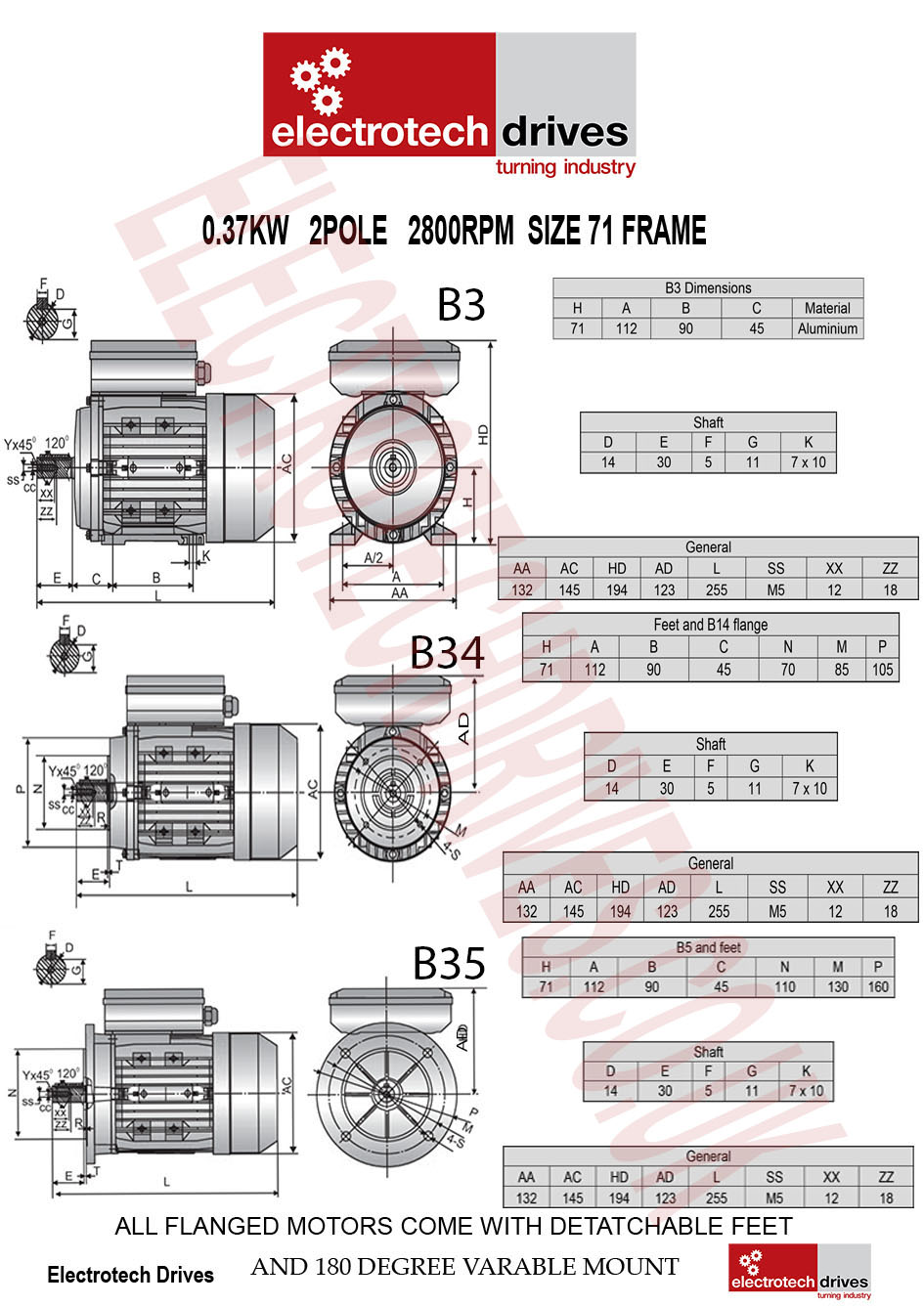 0.37kw Electric Motor 2800rpm 2 pole 240V Single Phase 1/2HP Electric