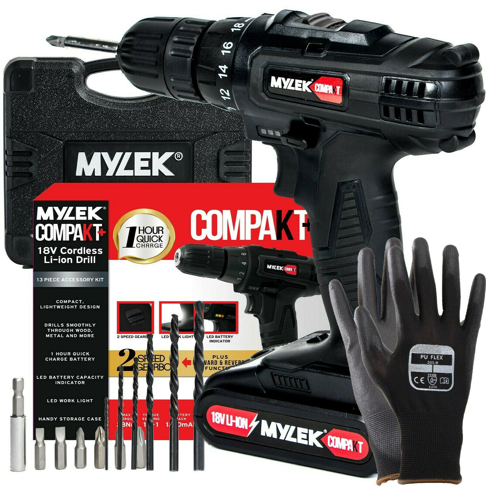 Compakt 18V Cordless Drill Set Driver Screwdriver Lithium Ion 1 Hour