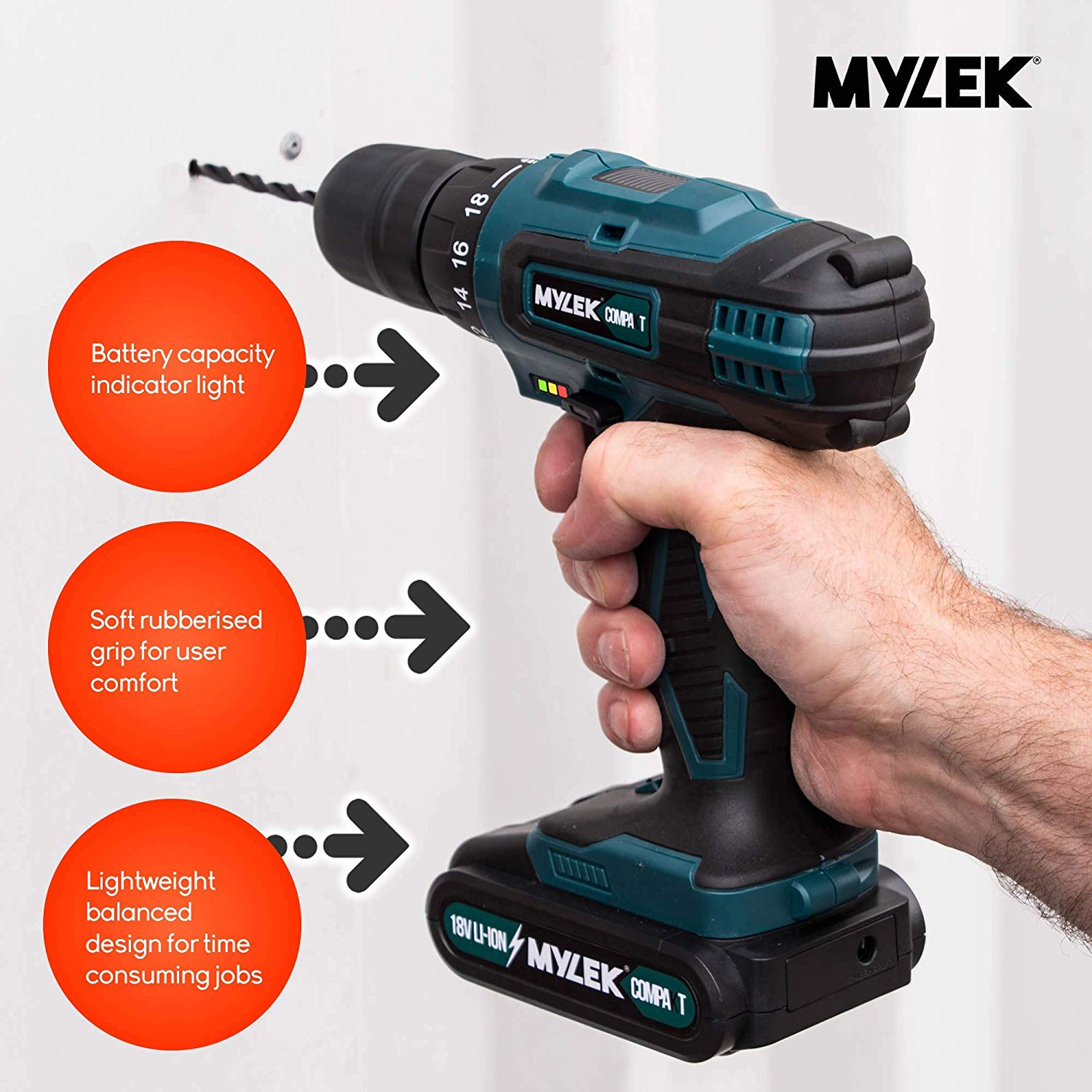 Mylek Cordless Drill 18V Driver Screwdriver DIY Kit Set Combi Lithium