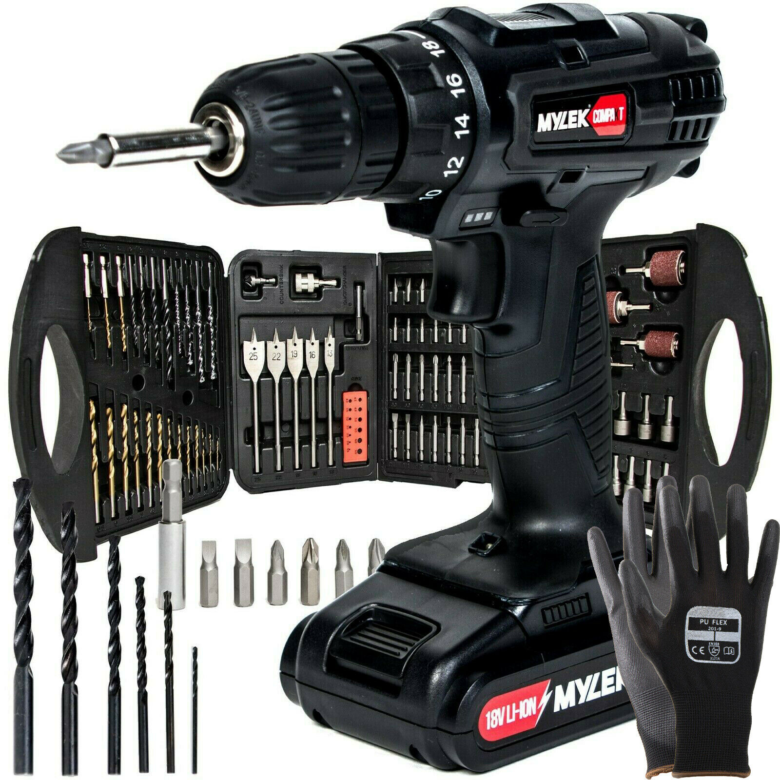 Mylek 18V Cordless Drill Set Driver Screwdriver Kit Combi Lithium Ion