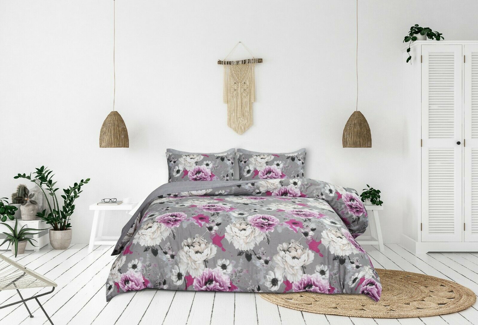 Inky Floral Grau Violett Bettbezug Einzel Doppel King