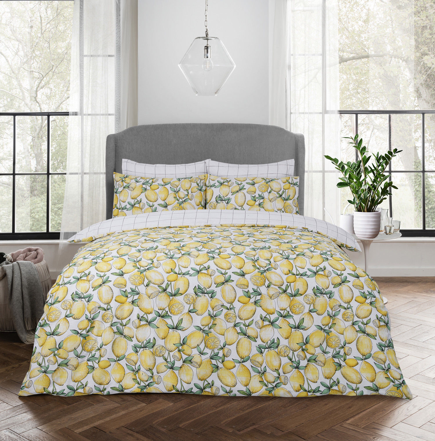 Lemons Printed Duvet Cover Pillowcases Set With Reversible White