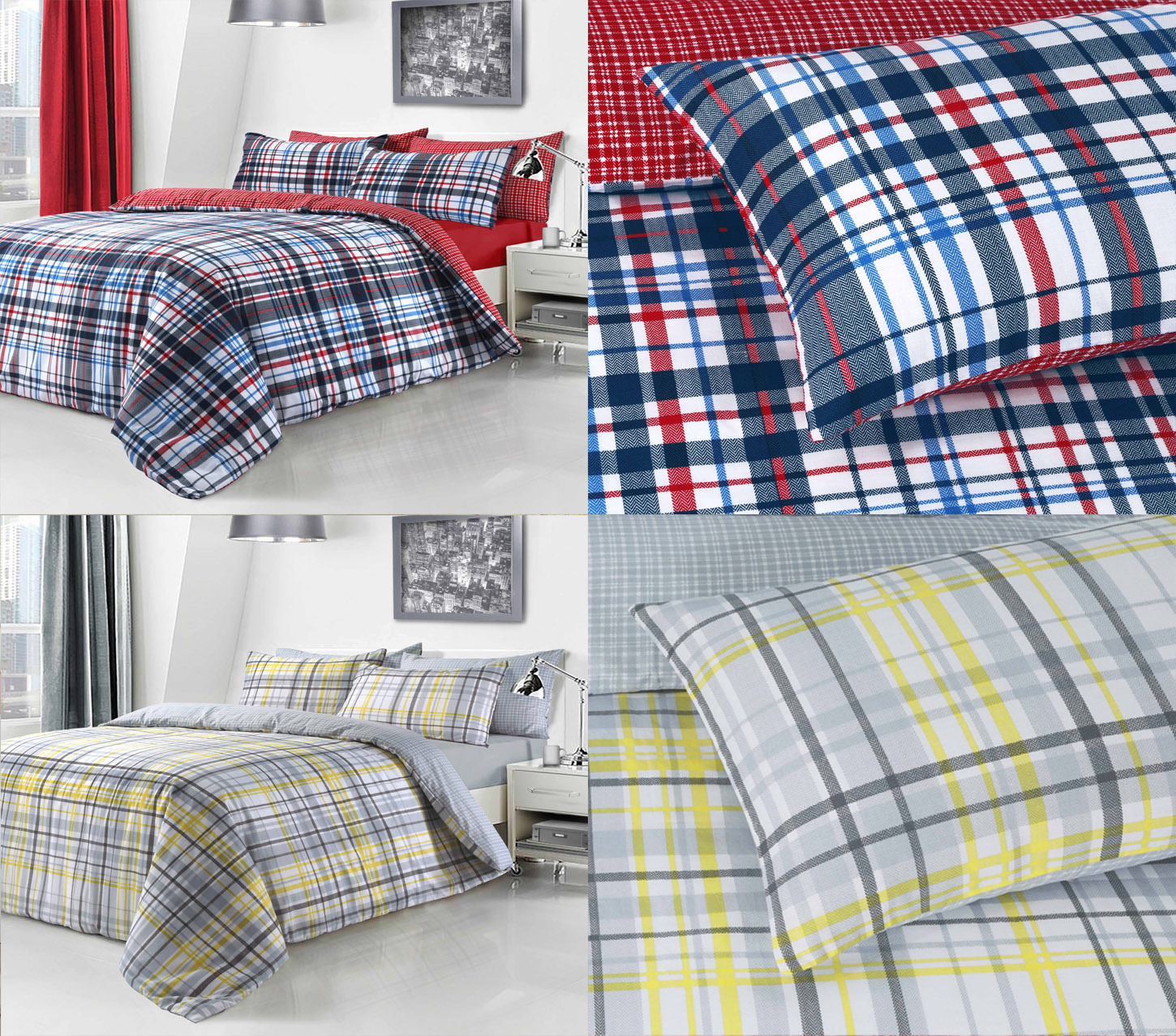 Check Red Blue Yellow Grey Stripe Duvet Cover Bedding Quilt Set
