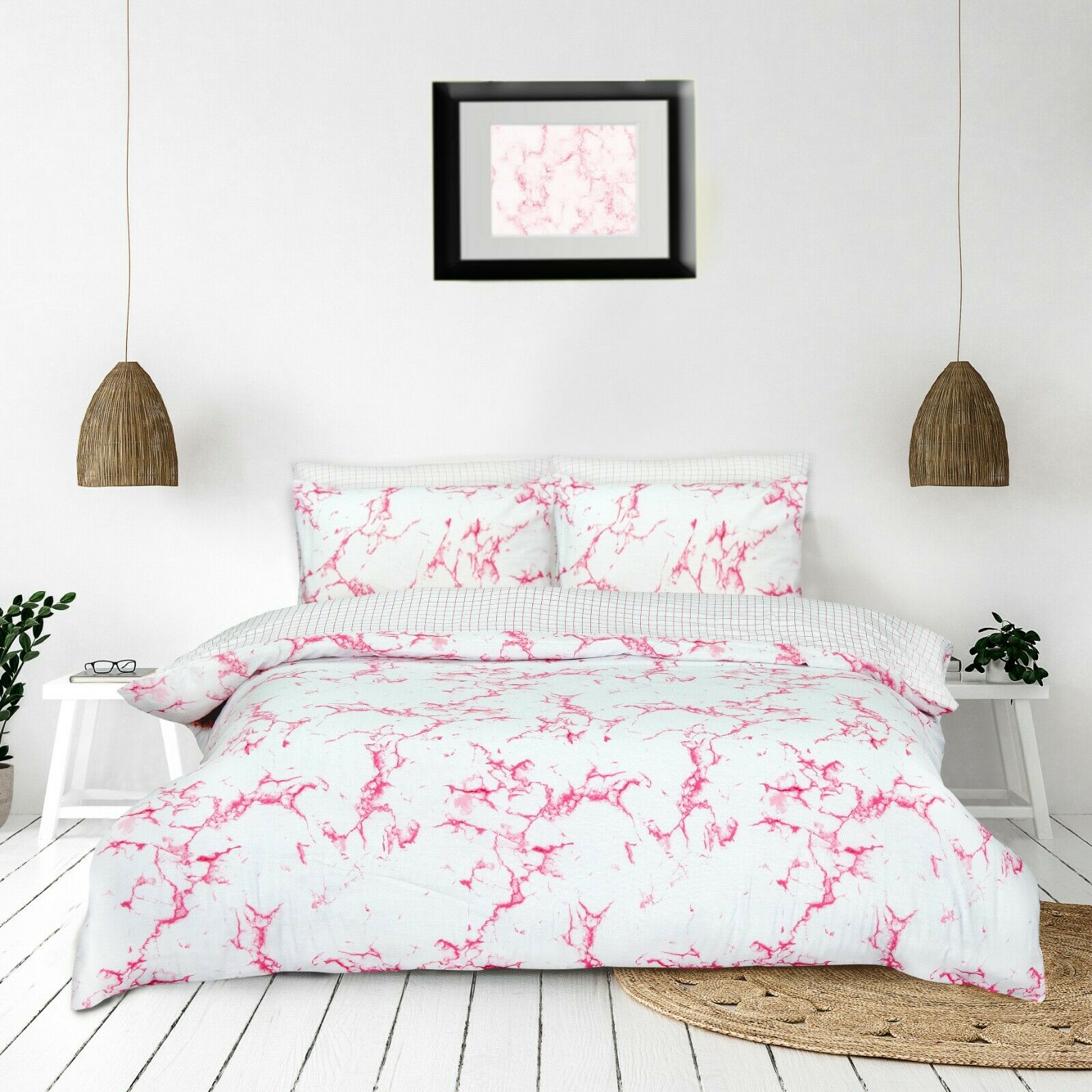 MARBLE GREY /& PINK Reversible Duvet Cover Quilt Bedding Set Pillowcases All Size
