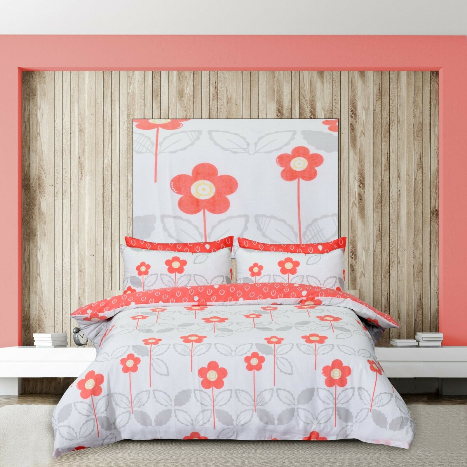 Sketch Floral Coral Duvet Cover Pillowcase Quilt Bedding Set All