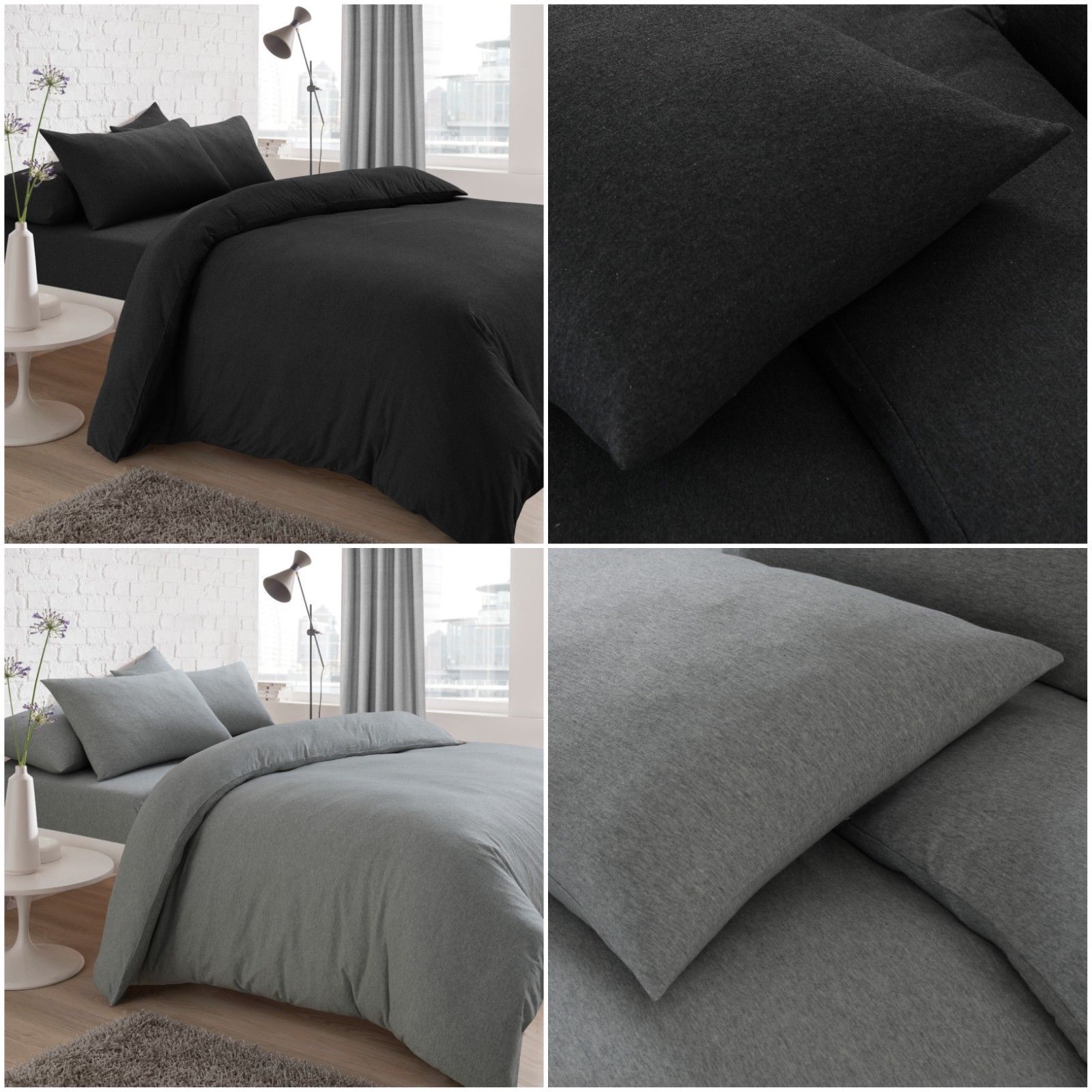 Jersey Melange Plain Yarn Dyed Grey Charcoal Duvet Cover Bed Set