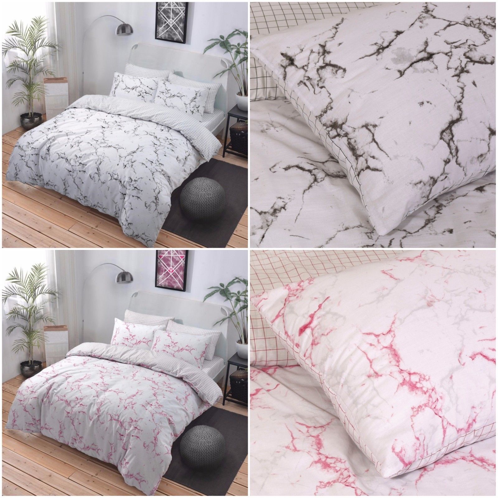 Marble Grey Pink Reversible Duvet Cover Quilt Bedding Set