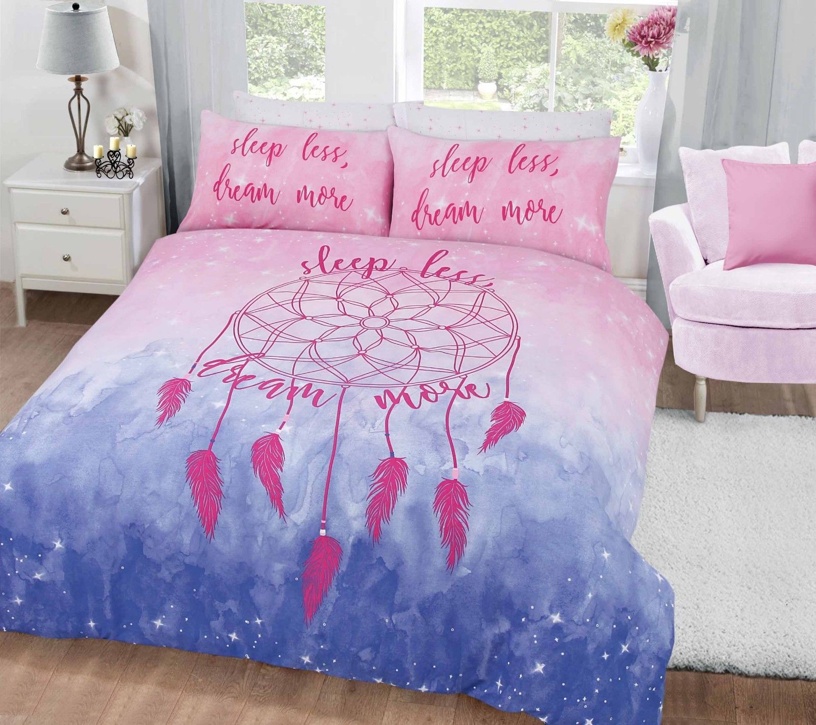 Sleep Less Dream More Pink Blue Duvet Cover Quilt Bedding Set With