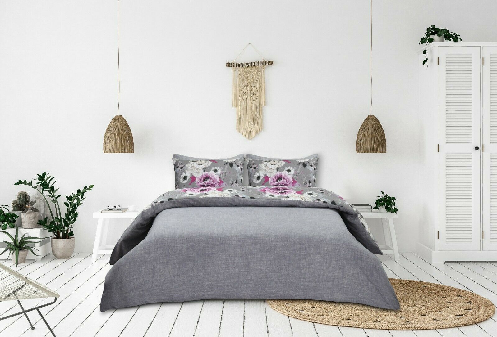 Details About Inky Fl Grey Purple Duvet Cover Single Double King All Sizes Bedding Set