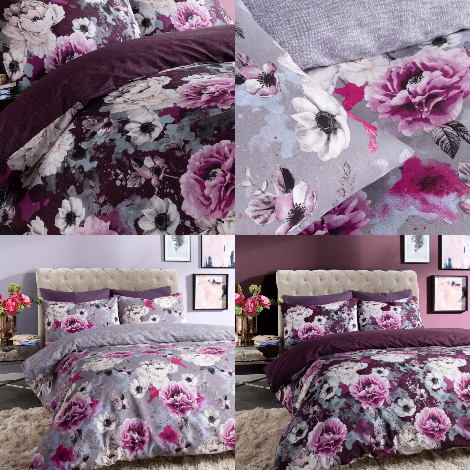 Inky Floral Grey Purple Duvet Cover Single Double King