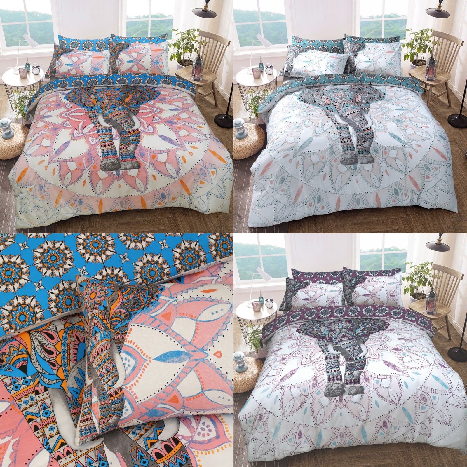Elephant Mandala Pink Blue Purple Duvet Cover Pillowcase Bed