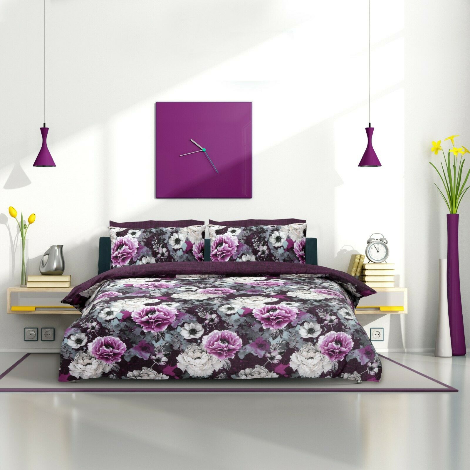 INKY FLORAL GREY & PURPLE DUVET COVER SINGLE DOUBLE KING & SUPERKING