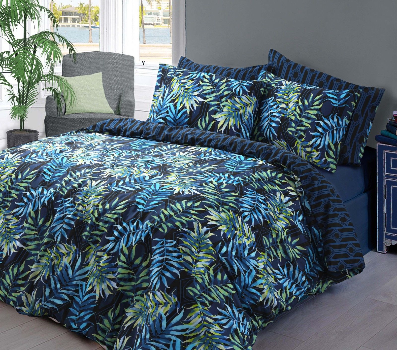 Palm Green & Navy Duvet Quilt Bedding Cover Set With ...