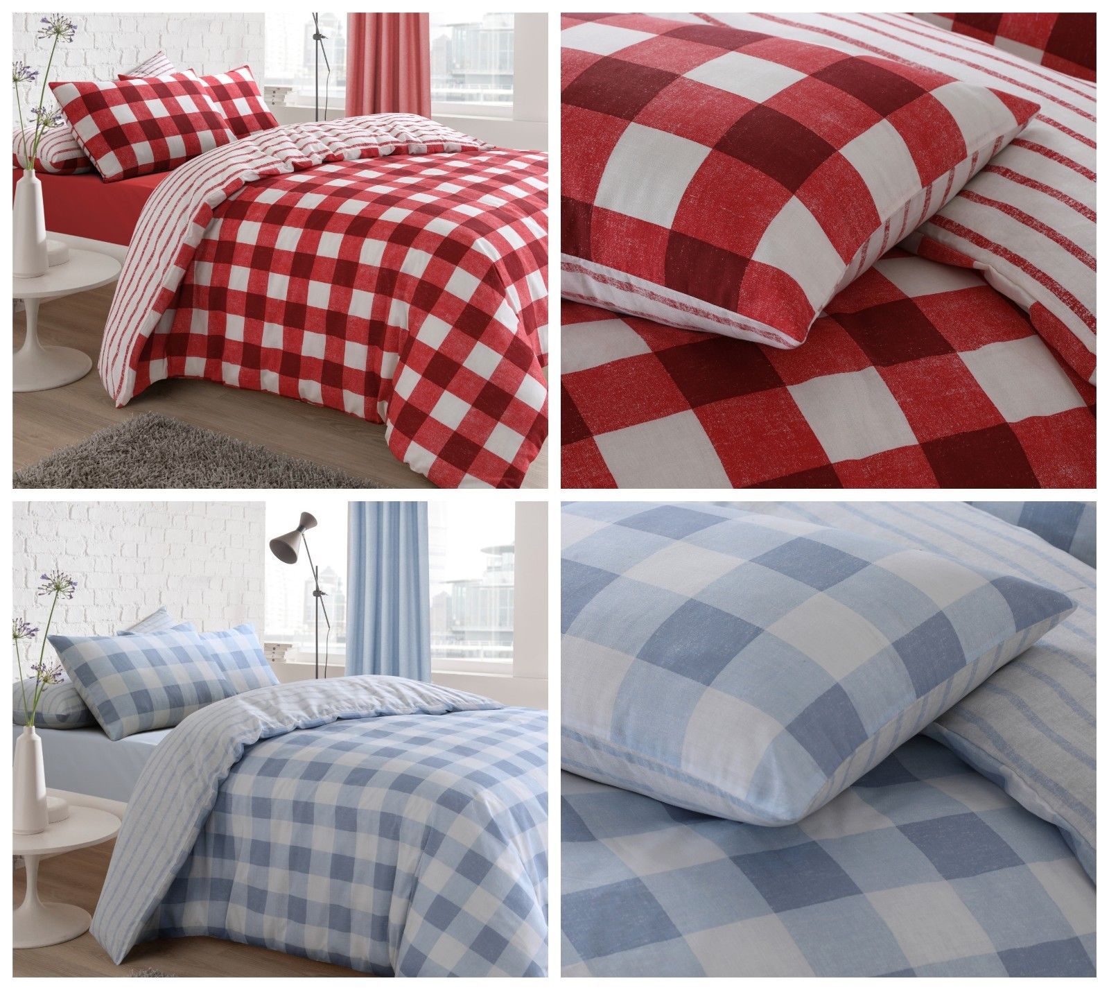 Grey OR Blue Reversible Gingham Check Striped Duvet Quilt Cover Bedding Set
