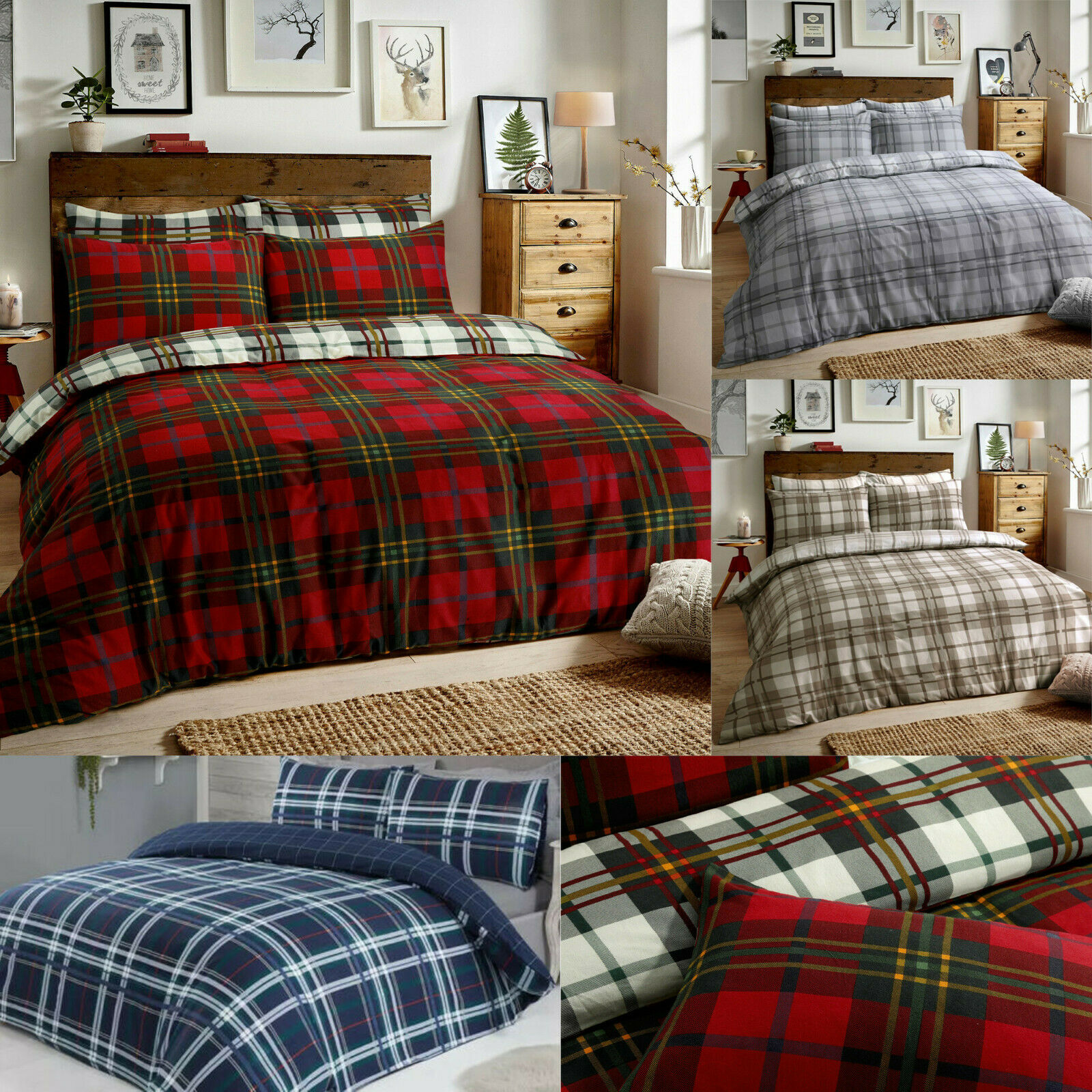 Tartan Check Flannel 100 Cotton Duvet Cover Quilt Cover Reversible