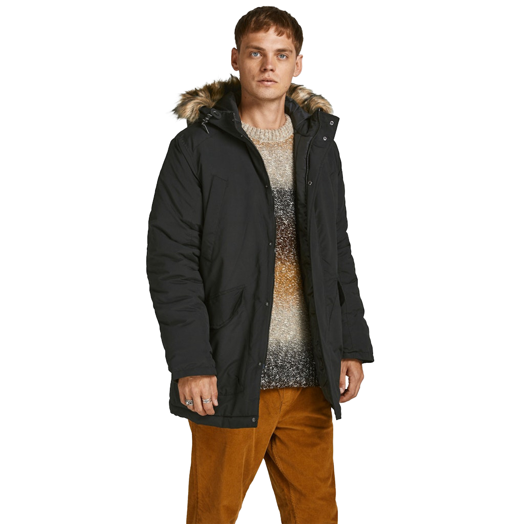 Jack & Jones Mens Long Jacket Long Sleeve Faux Fur Hooded
