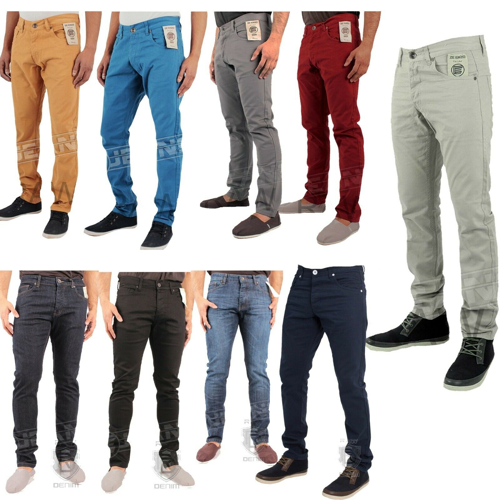 Enzo Mens Chinos Trousers Slim Fit Skinny Stretch Cotton Pants Jeans All Waists