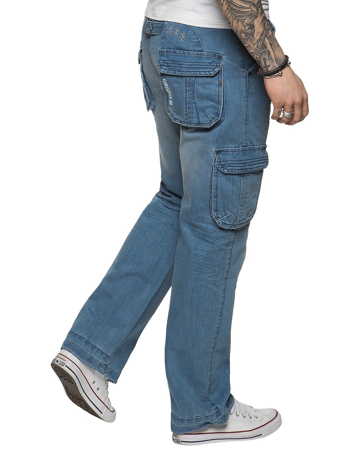 New Enzo Mens Designer Cargo Combat Work Jeans Blue Denim Pants All ...