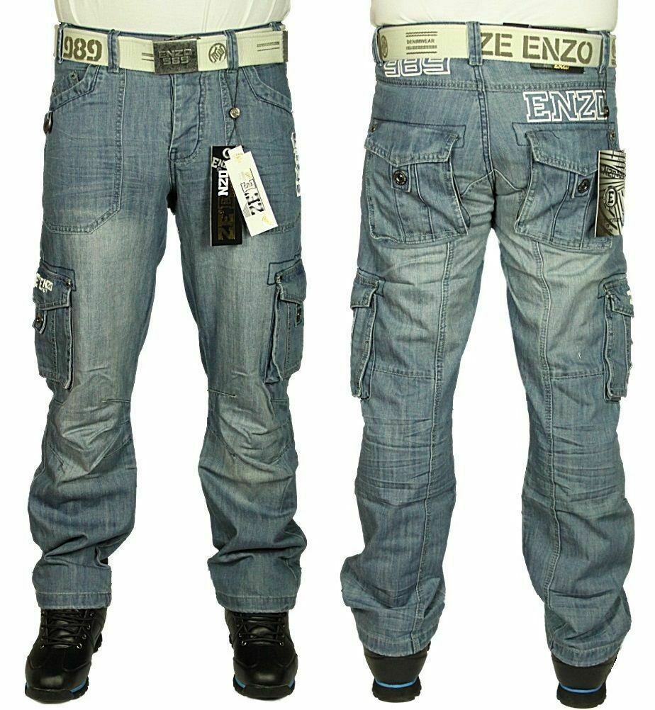 Enzo Big King Size Mens Jeans Cargo Combat Loose Fit Denim Trousers ...