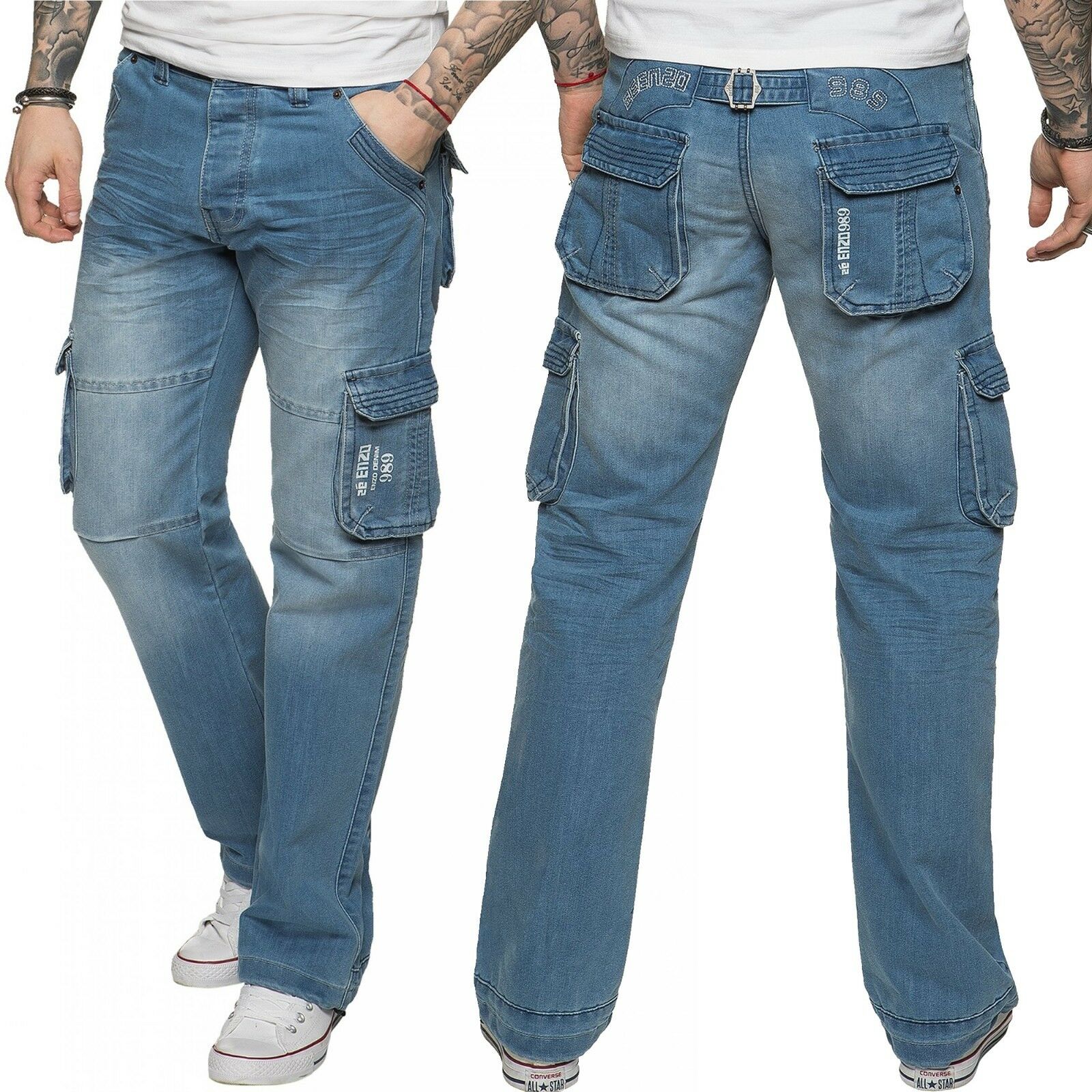 New Mens Designer Heavy Duty Multi Pocket Dark Cargo Combat Denim Jeans ...