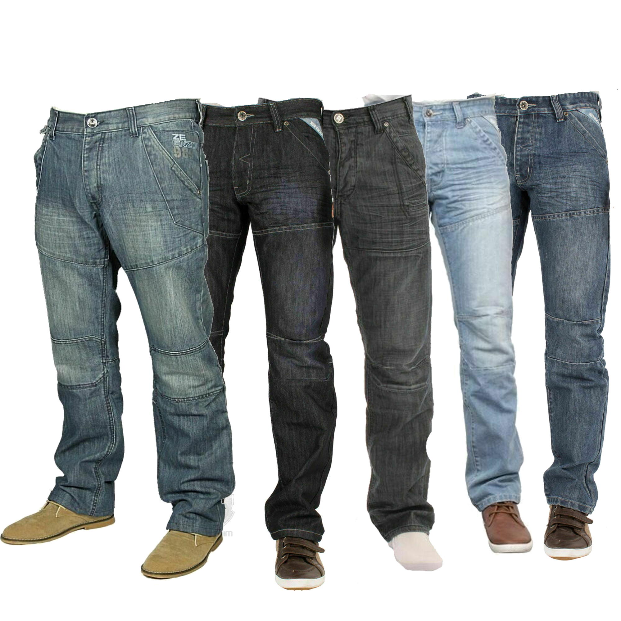 Enzo Mens Jeans Classic Fit Straight Leg Mid Stone Denim Trousers Pants ...