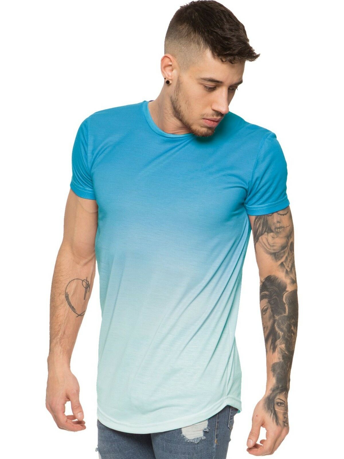 Enzo Mens Fitted T Shirt Contrast Fade 2 Tone Short Sleeve Polyester ...
