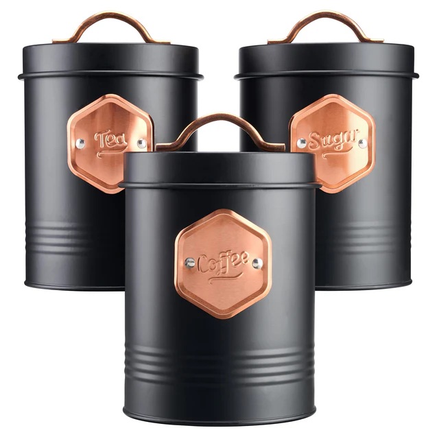 Tea Coffee Sugar Canisters Bin Jar Storage 3pc Black/Copper