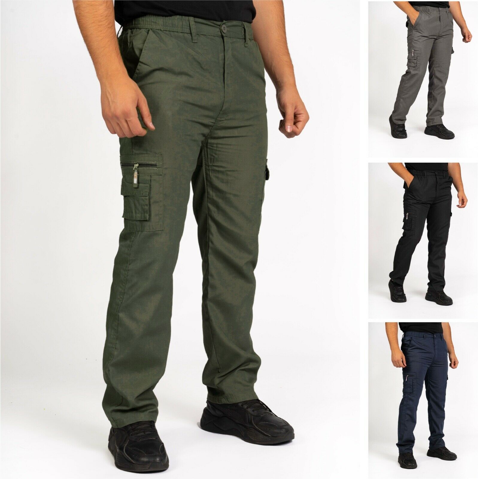 Mens Cargo Chino Combat Work Elasticated Cuff Trousers Bottom Full Joggers  Pants