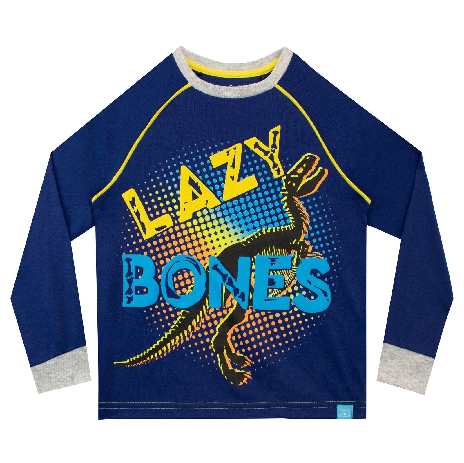 Lazy Bones Pyjamas Kids Boys Childrens Long Sleeve Trousers Blue Grey Dinosaur